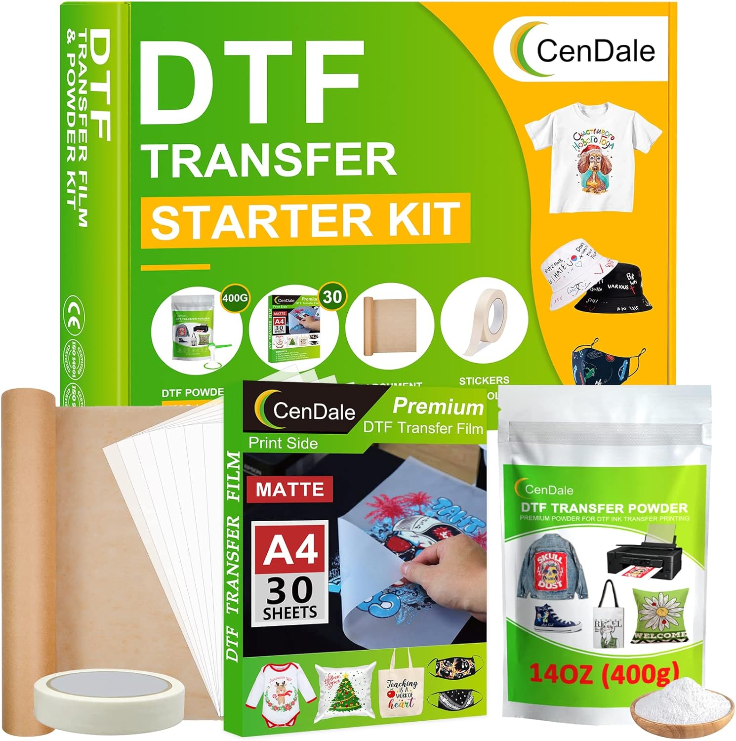 DTF Transfer Film and Powder Kit - 30 Sheets A4 DTF Film for Sublimation, 14oz W...