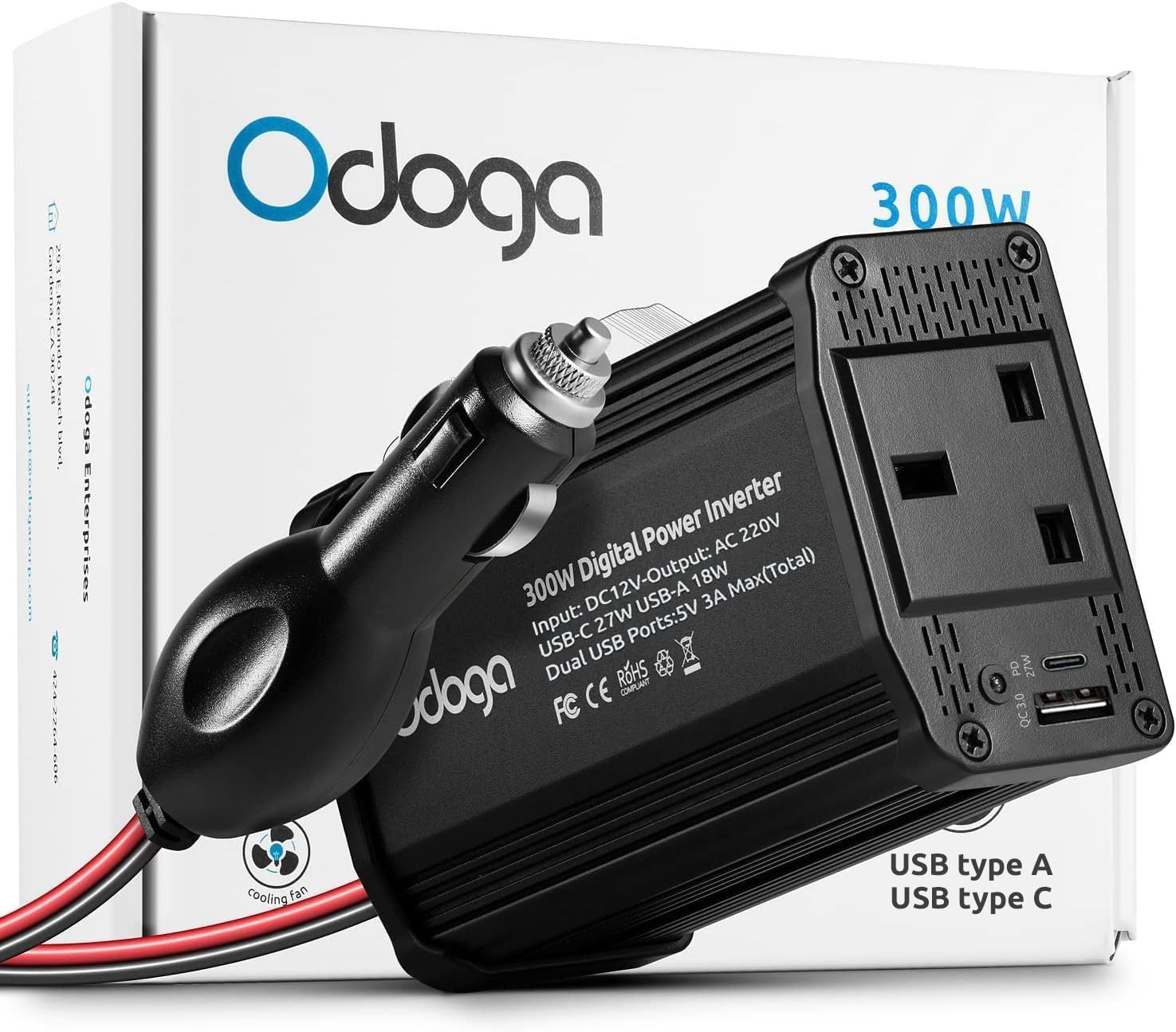 Odoga 300W Car Power Inverter 12V to 240V / 230V Converter, USB-A and USB-C 3A C...