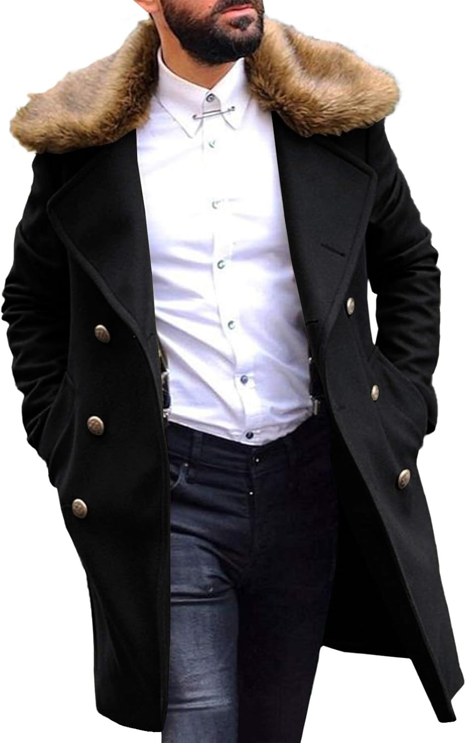 PASLTER Men's Winter Trench Overcoat Removable Faux Fur Collar Top Coat Double B...