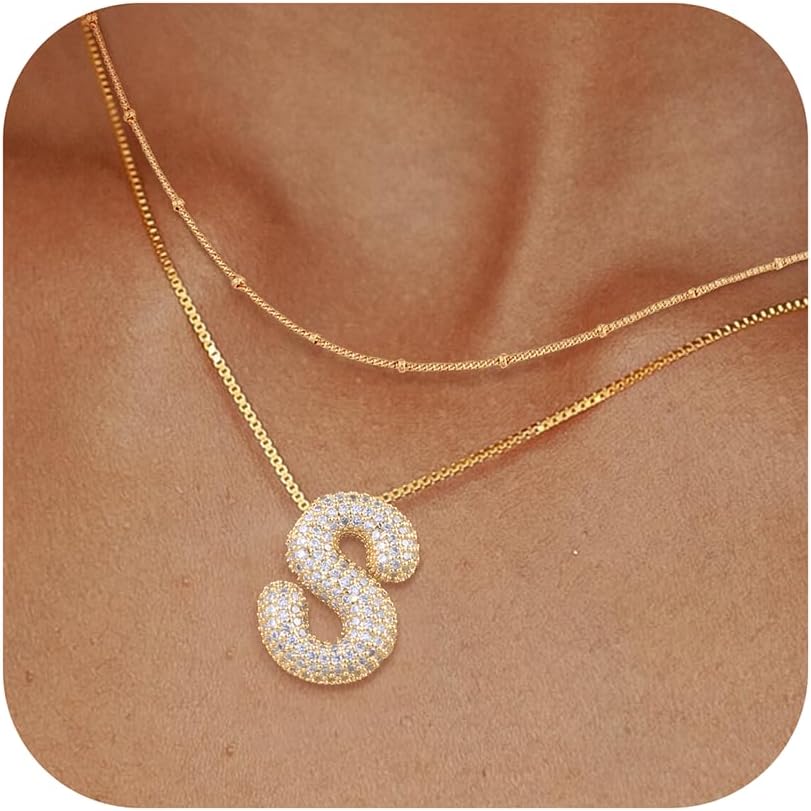 UHIBROS Bubble Letter Necklace, Gold Balloon Initial Necklaces for Women Girls,...