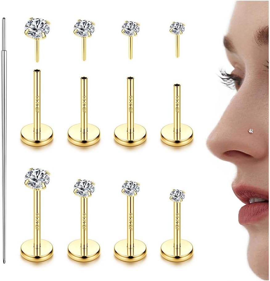 LOLIAS 14K Gold Filled Threadless Nose Studs CZ Nose Rings for Women Men 316L Su...