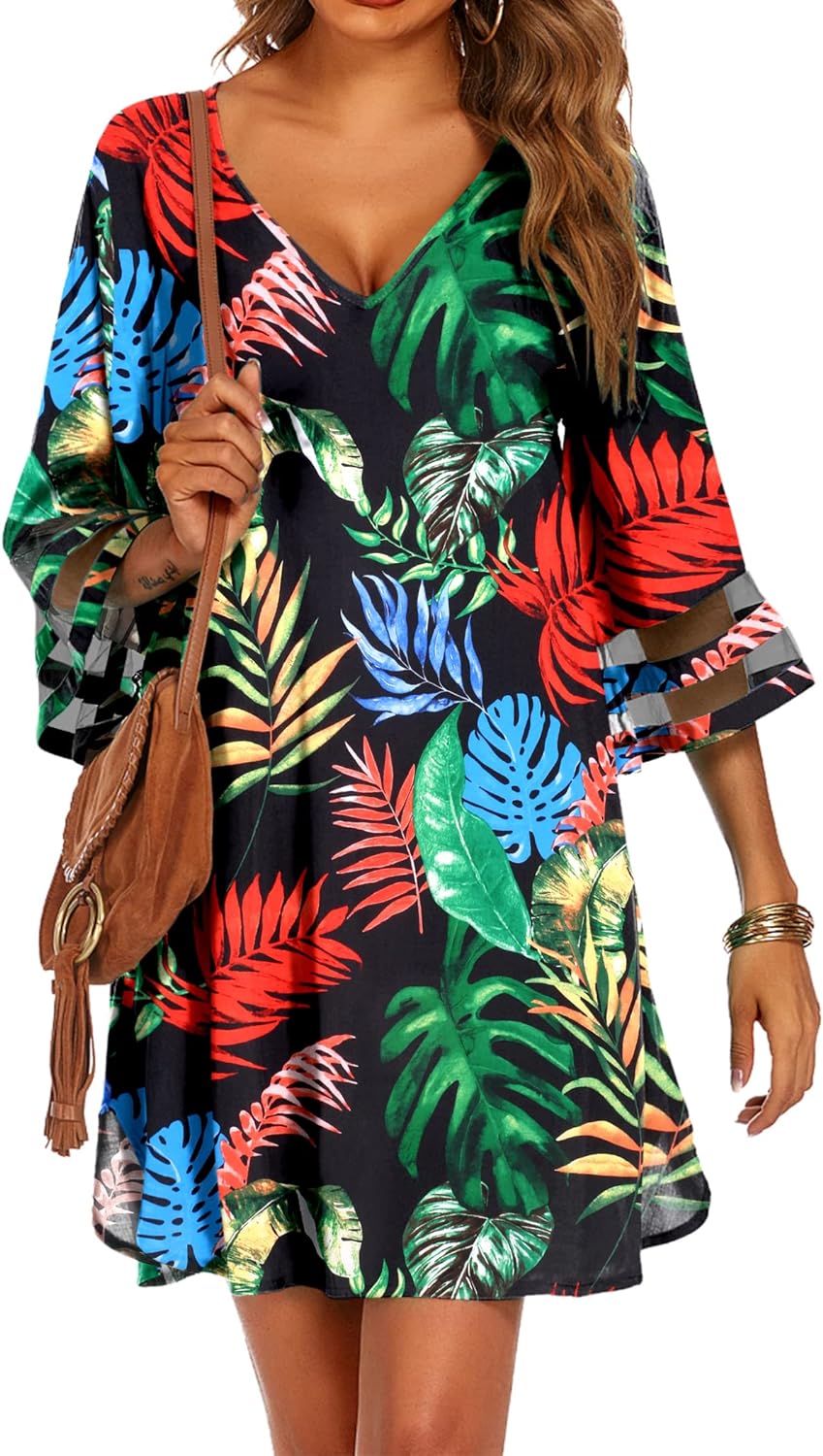 Ekouaer Women's Swimsuit Cover Up 3/4 Bell Sleeve Beachwear Coverups Deep V-Neck...