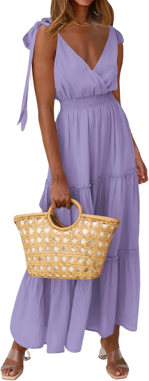 PRETTYGARDEN Women's Cross Neck Summer Sleeveless Tiered Maxi Dress Beach Tie St...
