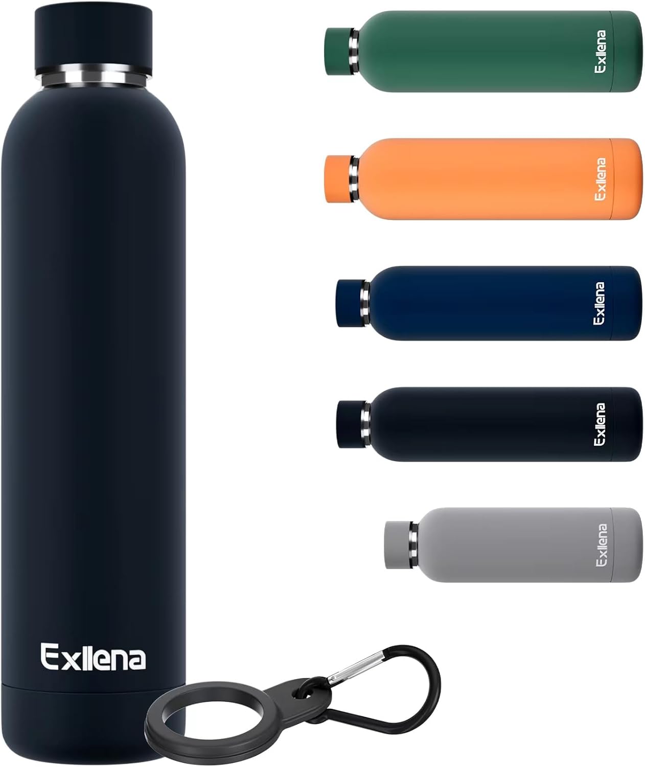 Exllena Insulated Black Water Bottles 750ml with Clip, Double Wall Vacuum Drinks...