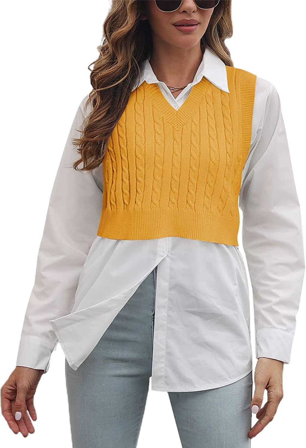 Lailezou Women's V-Neck Knit Sweater Vest Solid Color Argyle Plaid Preppy Style...
