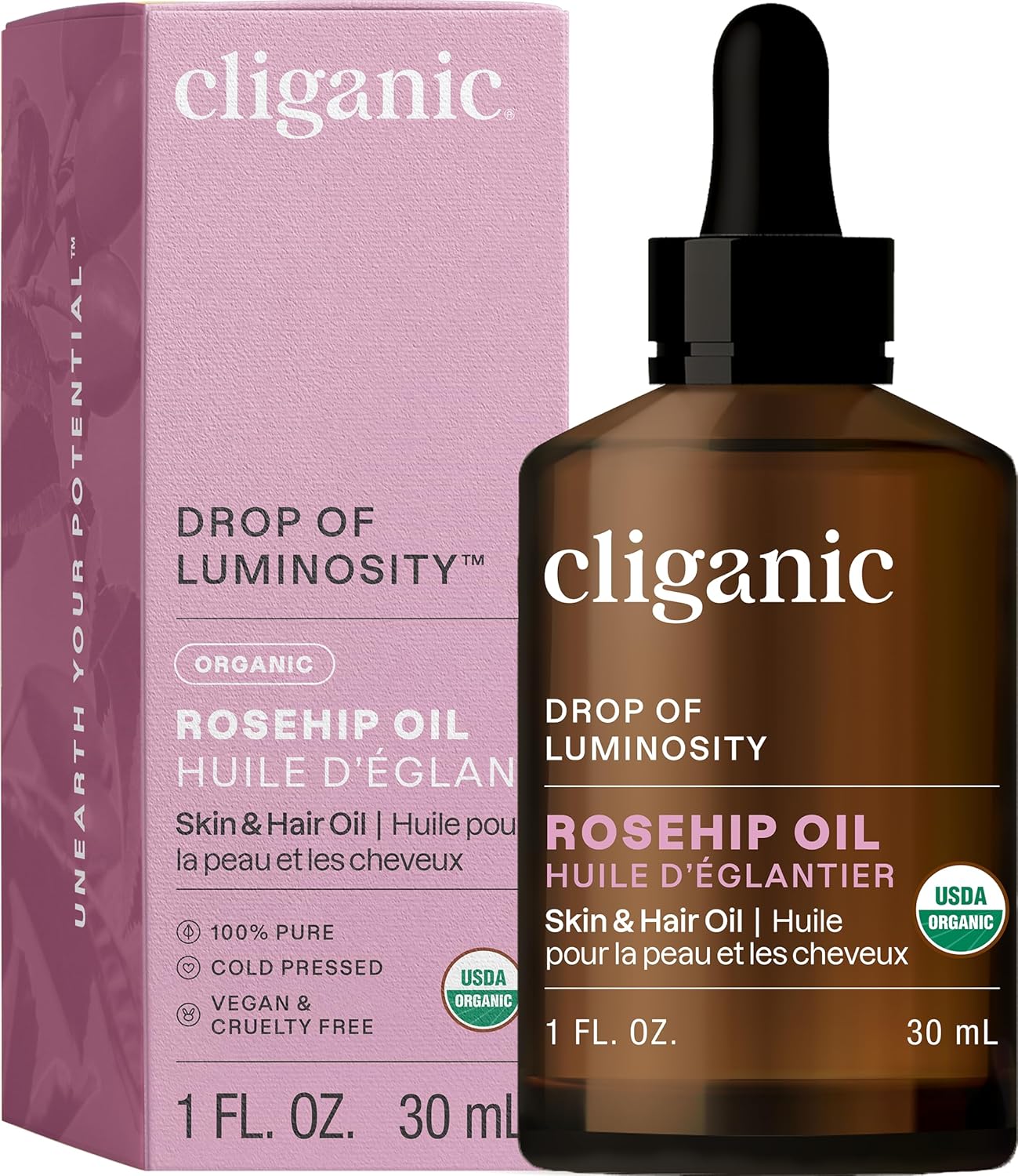 Cliganic Organic Rosehip Seed Oil for Face, 100% Pure | Natural Cold Pressed Unr...