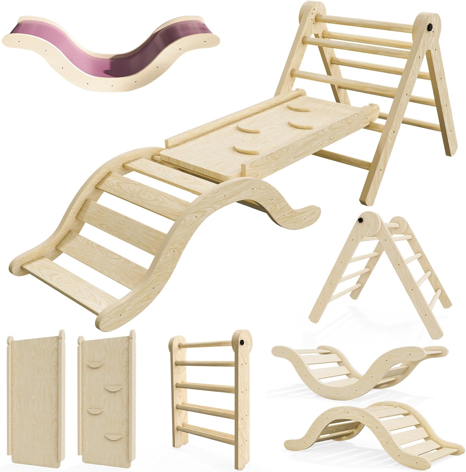 Pikler Triangle Set Climber 5 in 1, Toddler Climbing Toys Indoor Folding with Ra...