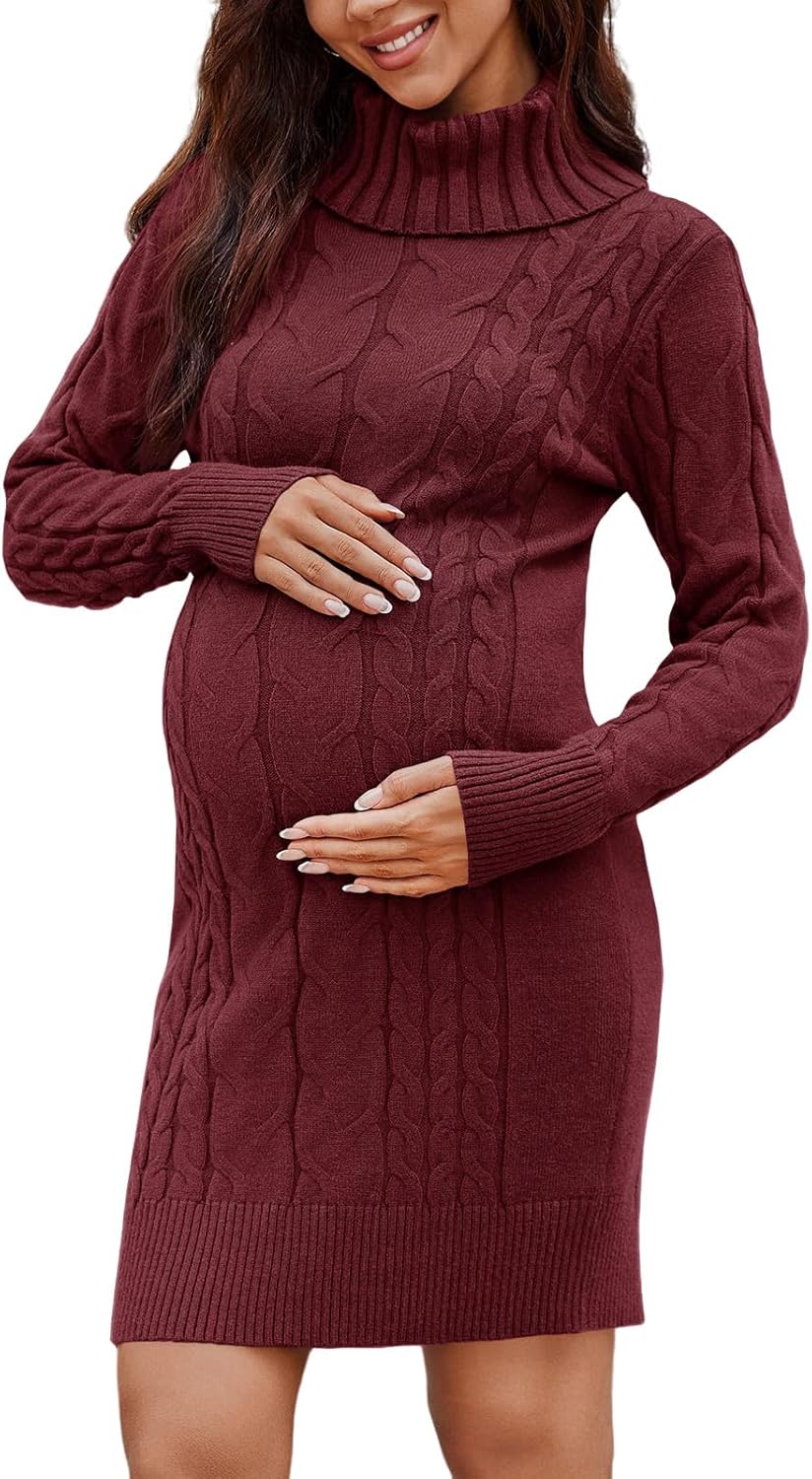 Langwyqu Womens Maternity Sweater Dress Cable Knit Sexy Bodycon Turtleneck Long...