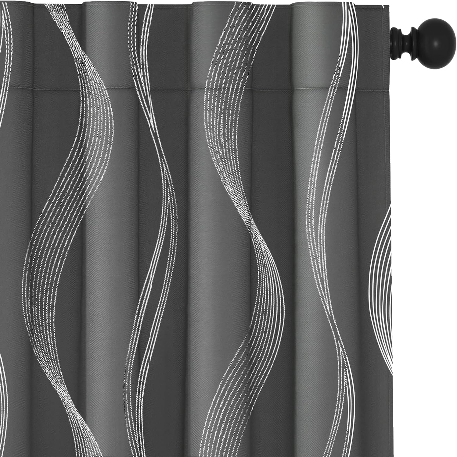 Deconovo Blackout Back Tab Silver Curved Wave Pattern Printed Curtains, Dark Gre...