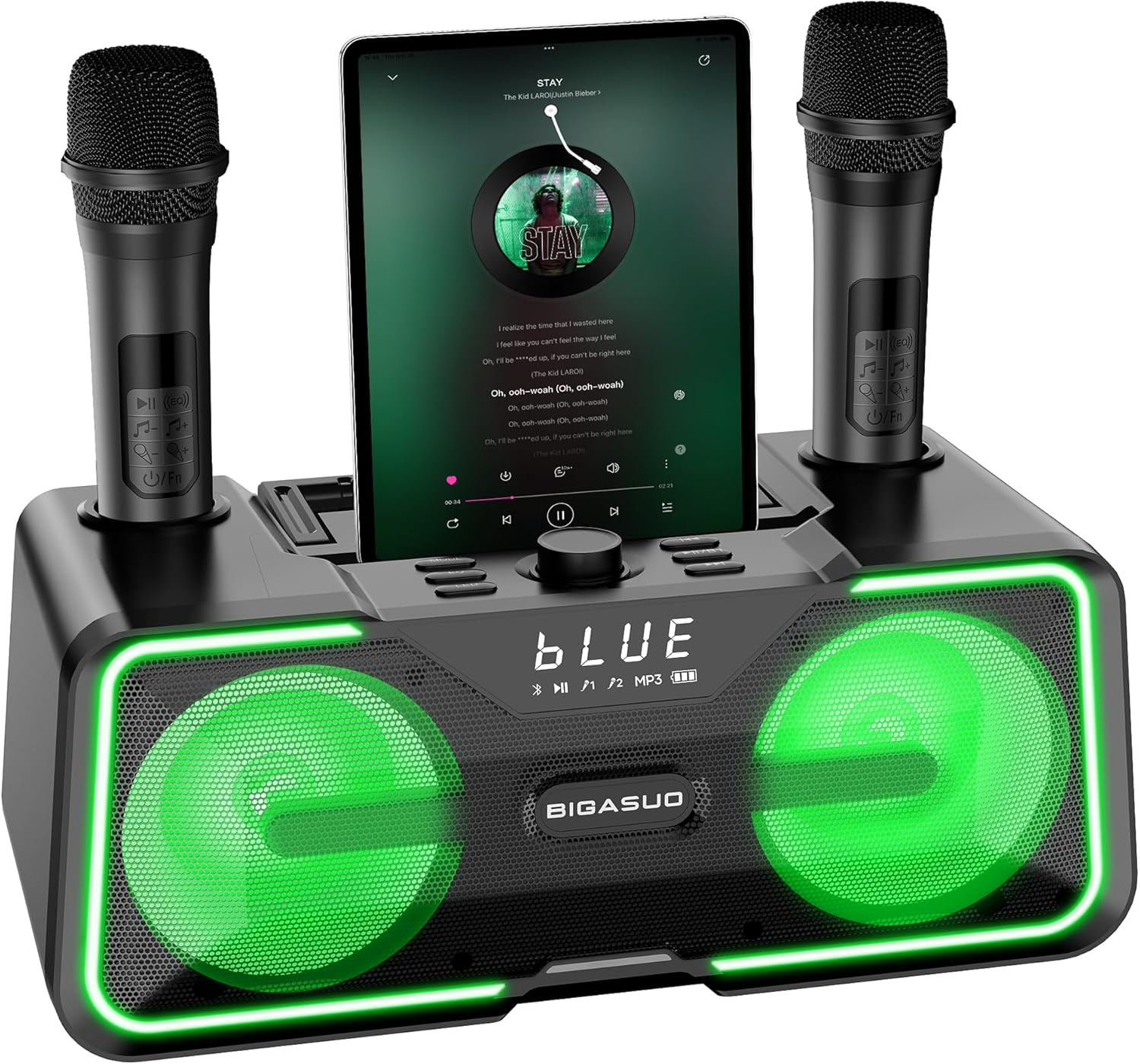 BIGASUO Karaoke Machine, Portable PA Speaker System with 2 UHF Wireless Micropho...