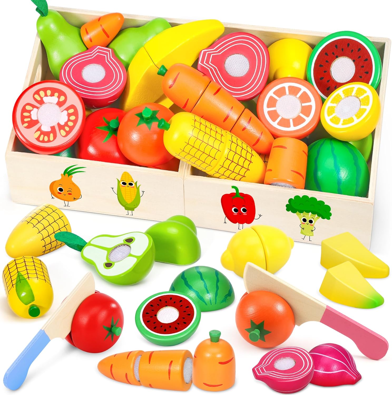 Subtail Wooden Food Toys - Wooden Play Food Kitchen Toys - Play Food Sets for Ch...