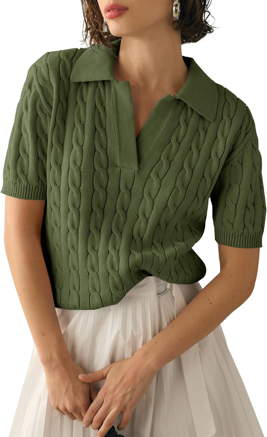 Imily Bela Women's Cable Short Sleeve Sweaters Tops Solid Lapel V Neck Knit Casu...