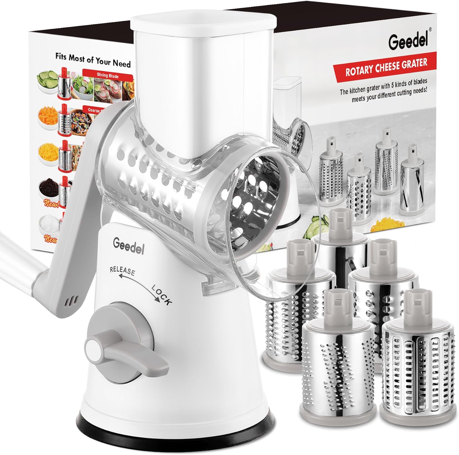 Cheese Grater, Geedel Vegetable Slicer with 5 Replaceable Blades, Rotary Grater...