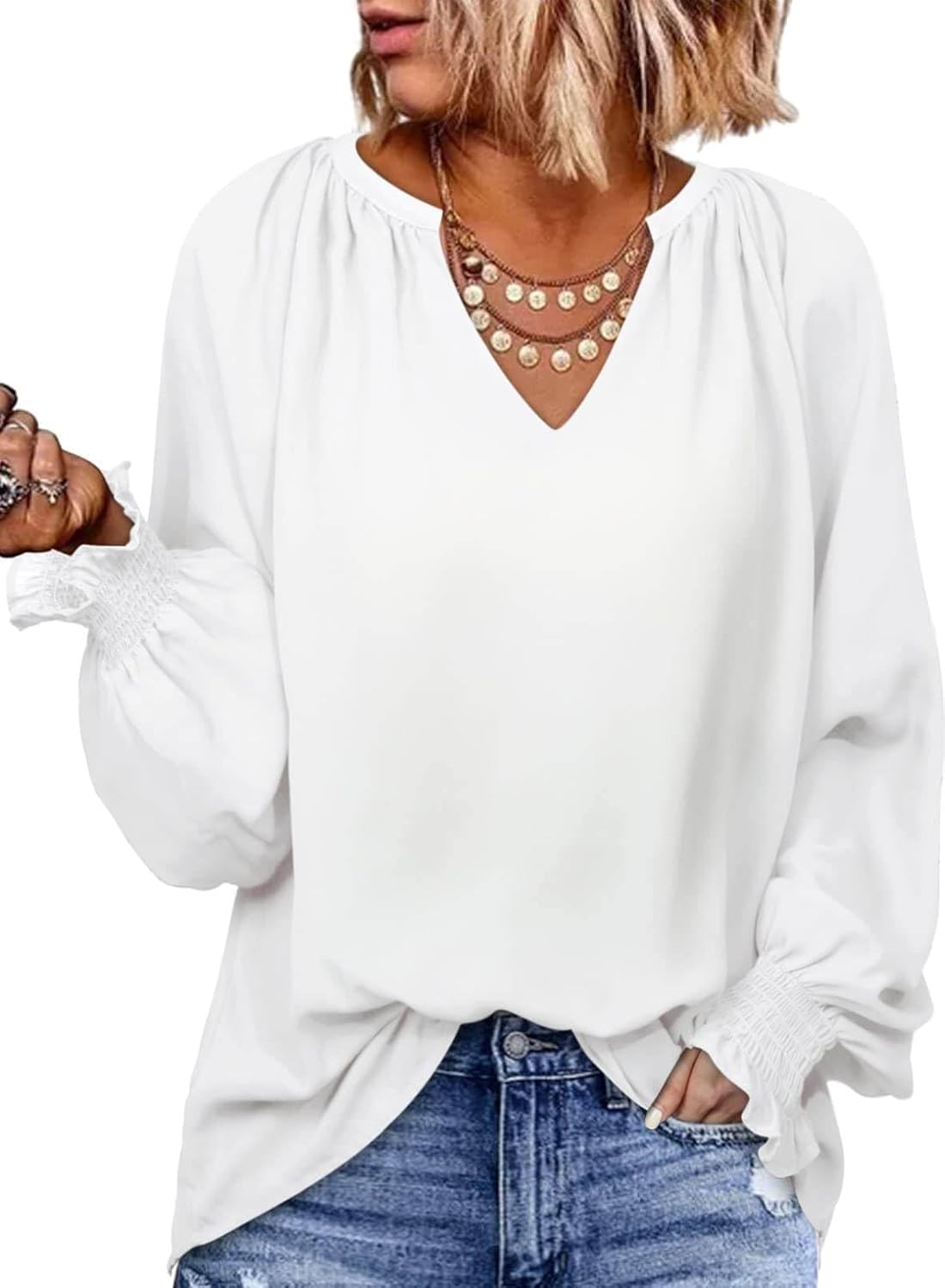 Dokotoo Womens Blouses Smocked Puff Long Sleeve Oversized Women's T-Shirts V Nec...