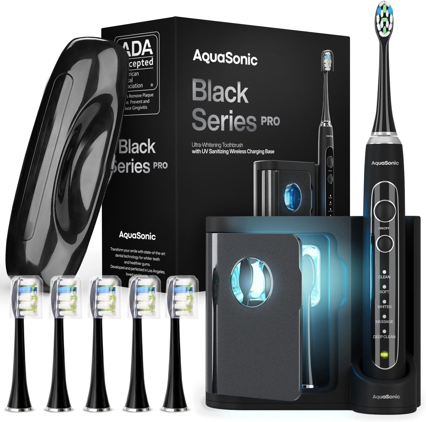 Aquasonic Black Series PRO Ultra Whitening Toothbrush w UV Sanitizing Base 4 Mod...
