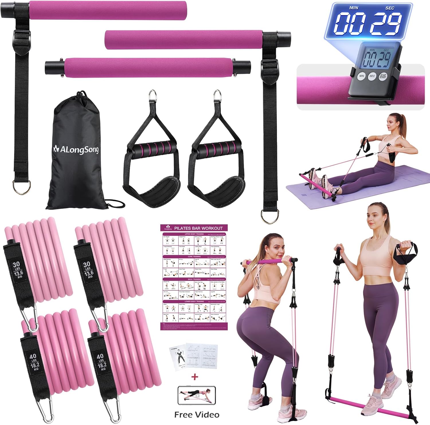 ALongSong Pilates Equipment Pilates Reformer Bar Set With 4 Resistance Bands 30/...