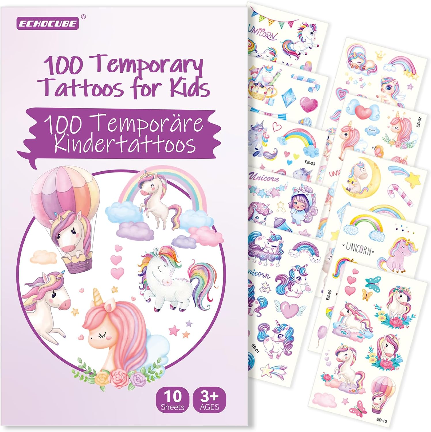 ECHOCUBE Temporary Tattoos for Kids,10 Sheets (100 Patterns) Unicorn Theme Carto...