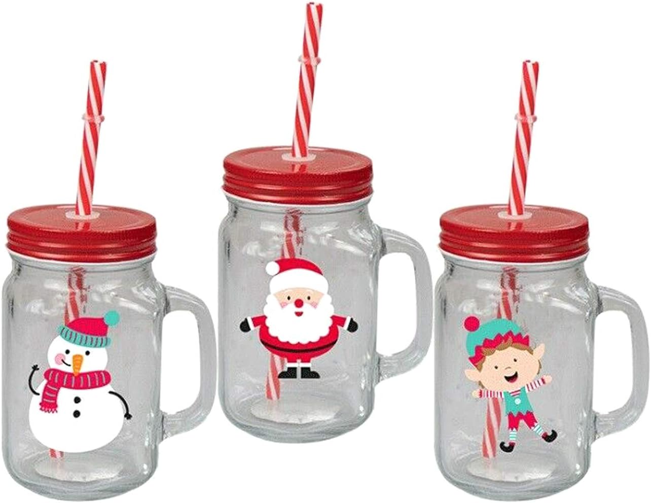 Invero® 3X Set of Christmas Design Drinking Glass Jar Mugs with Handle Screw Top...