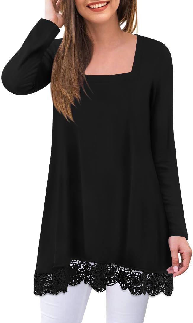 Bestbee Women's Fall Long Sleeve Tops Lace Hem Tunic Crew Neck Loose Fit Blouse...