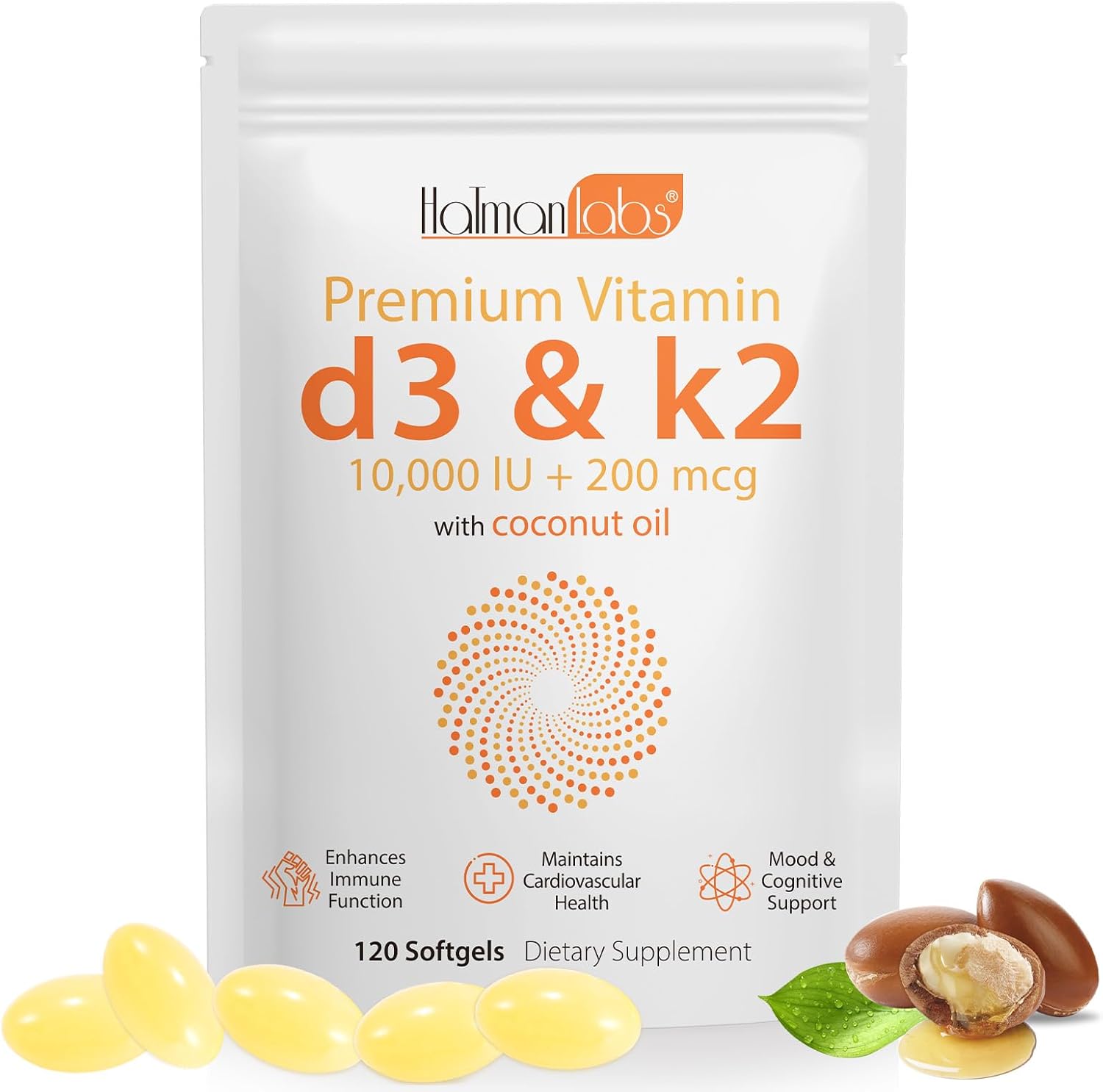 Premium Vitamin D3 & Vitamin K2 (MK-7) Softgels 120 Count Easy-Swallow VIT D3 K2...