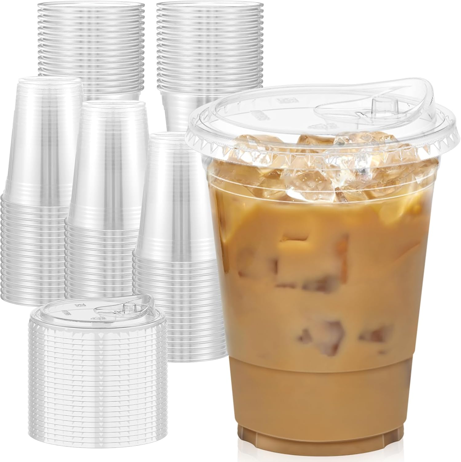 100 Pack - 16 oz Clear Plastic Cups with Lids, Sturdy & Food Safe Iced Coffee Cu...