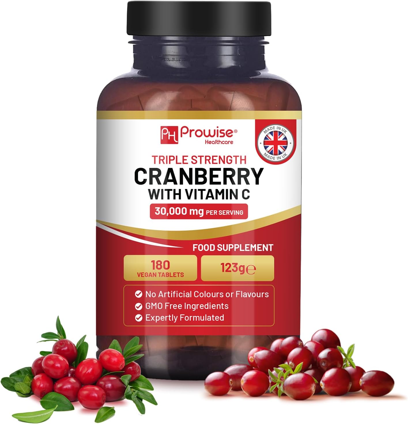 Triple Strength Cranberry 30,000mg Added with Vitamin C - 180 Vegan Tablets I UT...