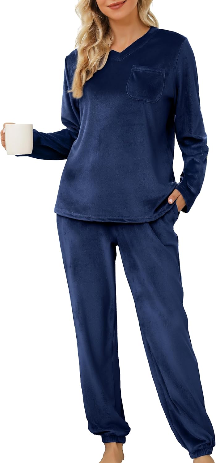 Lovasy Women's Fleece Pyjamas Sets Warm Fluffy Pjs with Pockets for Winter Navy...