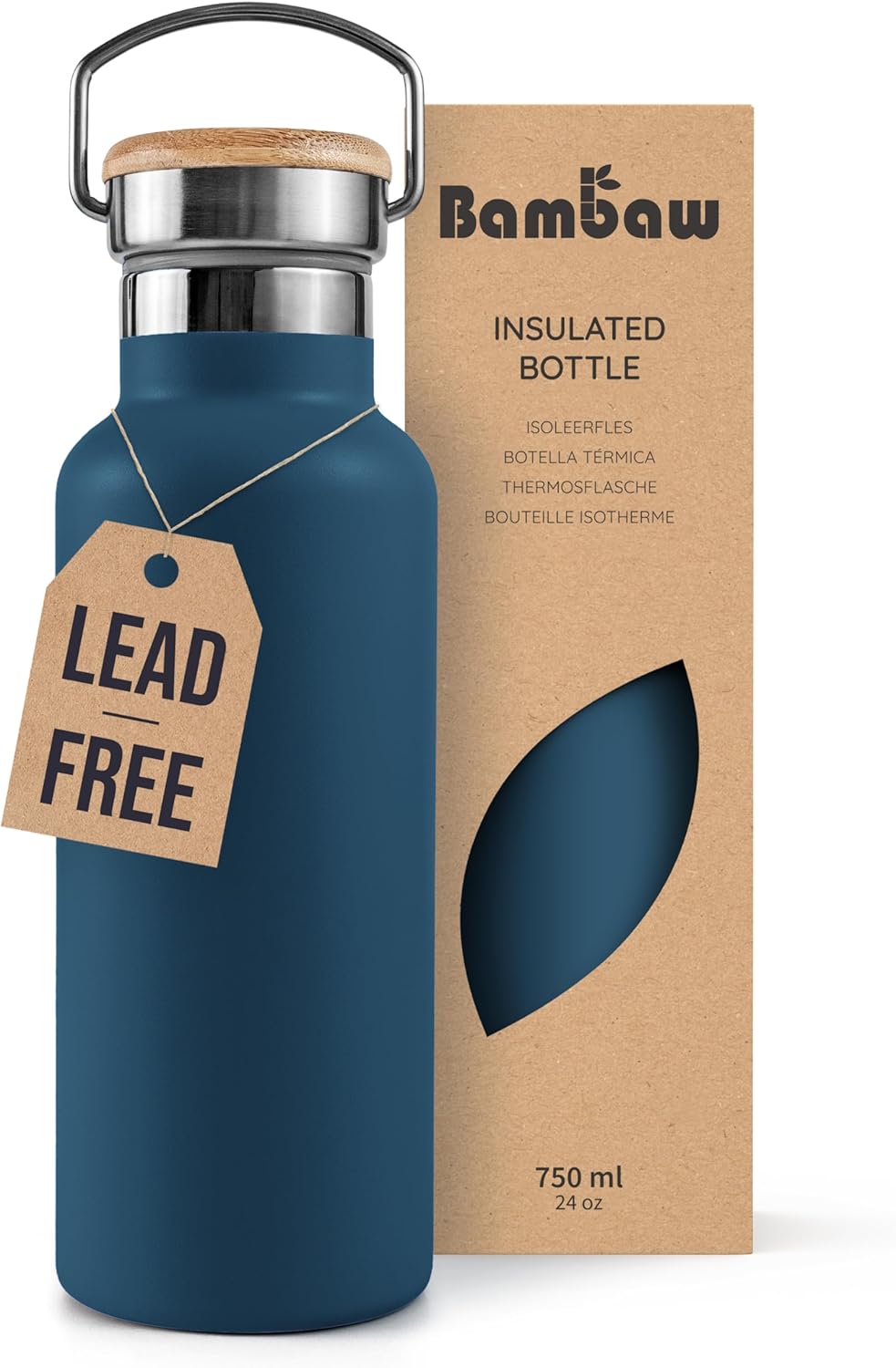 Bambaw Insulated Water Bottle 750ml, Blue Water Bottle, Stainless Steel Water Bo...