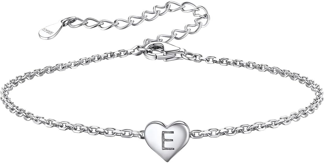 S925 Sterling Silver Bracelet for Women, Adjustable Heart Bracelet with Initial,...