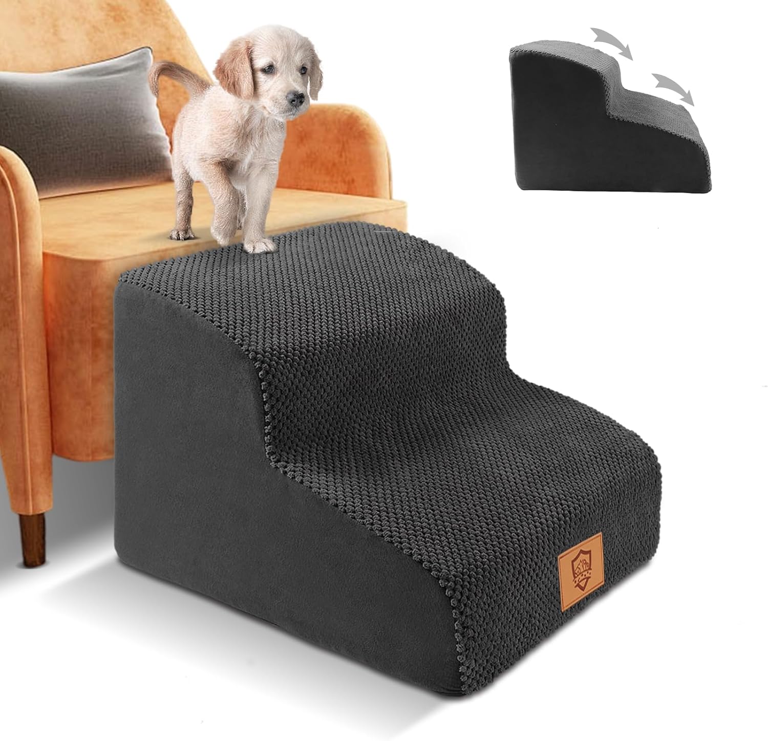 Myiosus Dog Steps for Bed, 2-Step Foam Pet Stairs for Sofa with Removable Waterp...