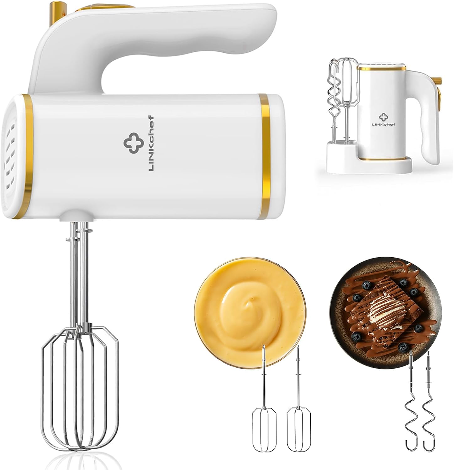 LINKChef Anti-Splash Hand Mixer Electric Whisk with Storage Base, 5-Speed White...
