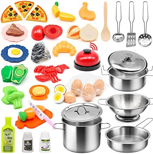37Items 59Pcs Kids Pretend Play Kitchen Accessories Set, Stainless Steel Play Po...