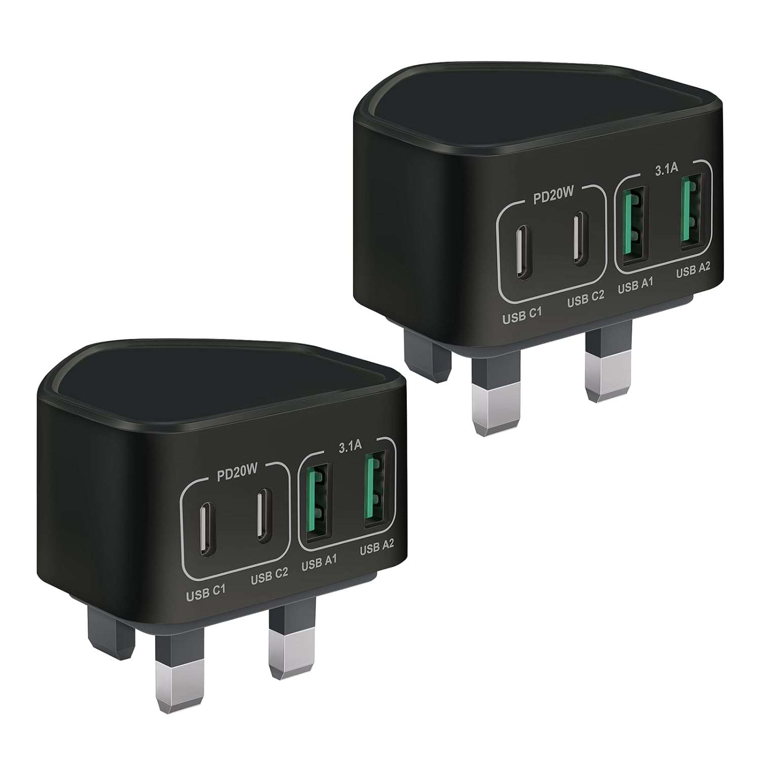 2-Pack USB C Plug Fast Charge, 40W 4-Port Multi Charger Plug UK Charing Plug Dua...