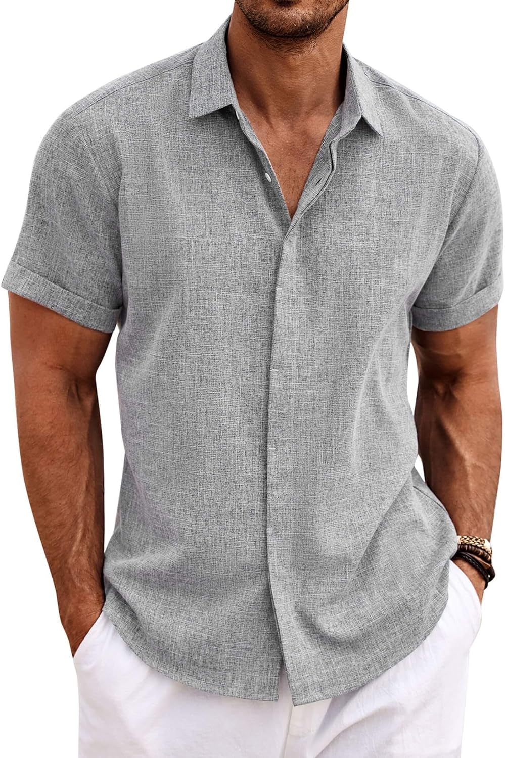 COOFANDY Mens Linen Shirts Short Sleeved Summer Regular Fit Cotton Shirt Button...