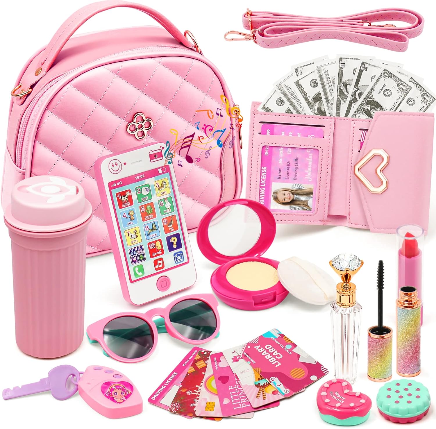 Kids Pretend Play Little Girl Purse Accessories, Princess Toy Cell Phone Fake Ma...