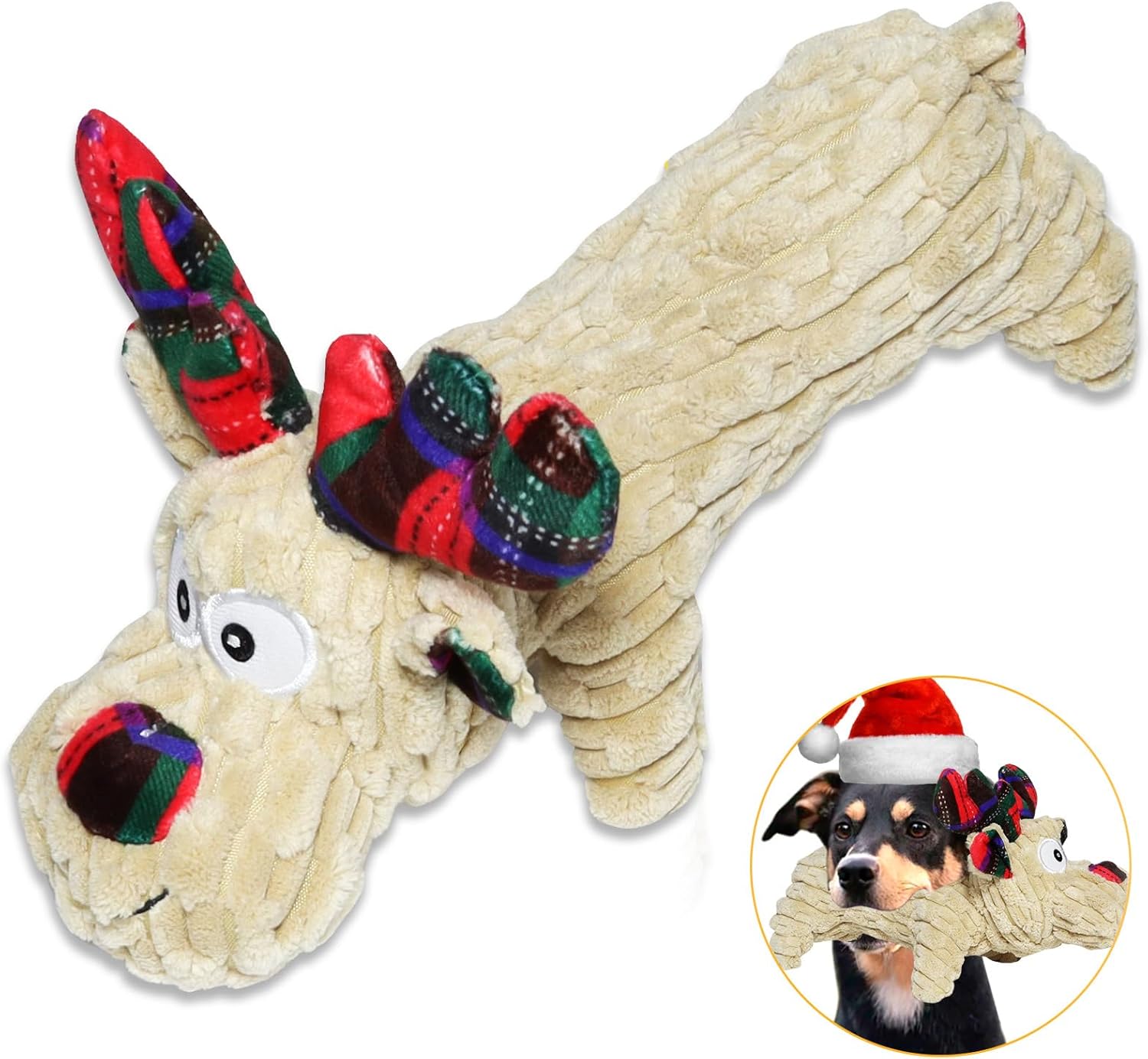 ROSAUI Christmas Dog Toys, Xmas Reindeer Plush Dog Toy – Corduroy Squeaky Pet To...