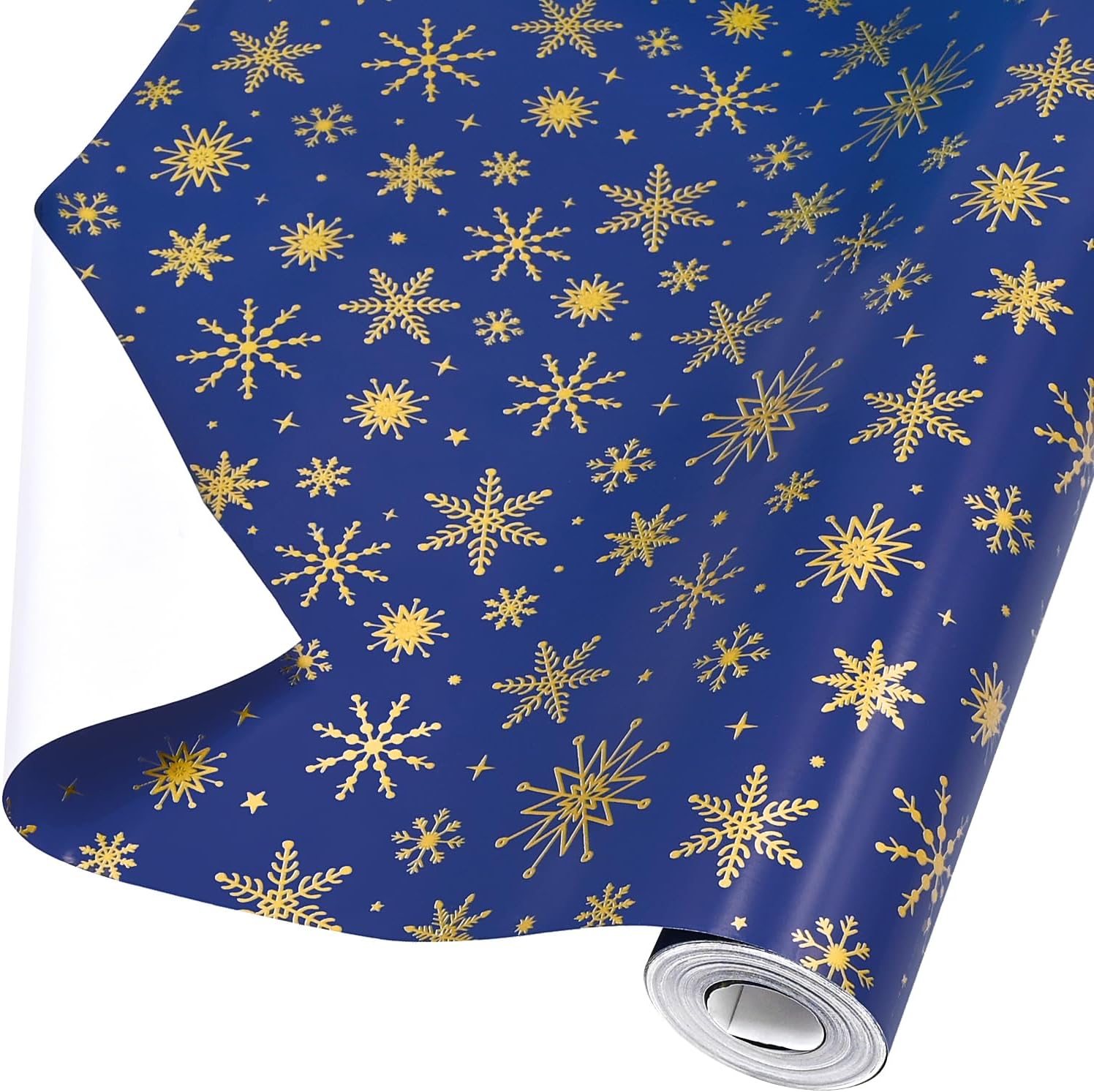 ADQUATOR 12m×44cm Gold Snowflake Navy Blue Wrapping Paper Roll,100% Recyclable W...