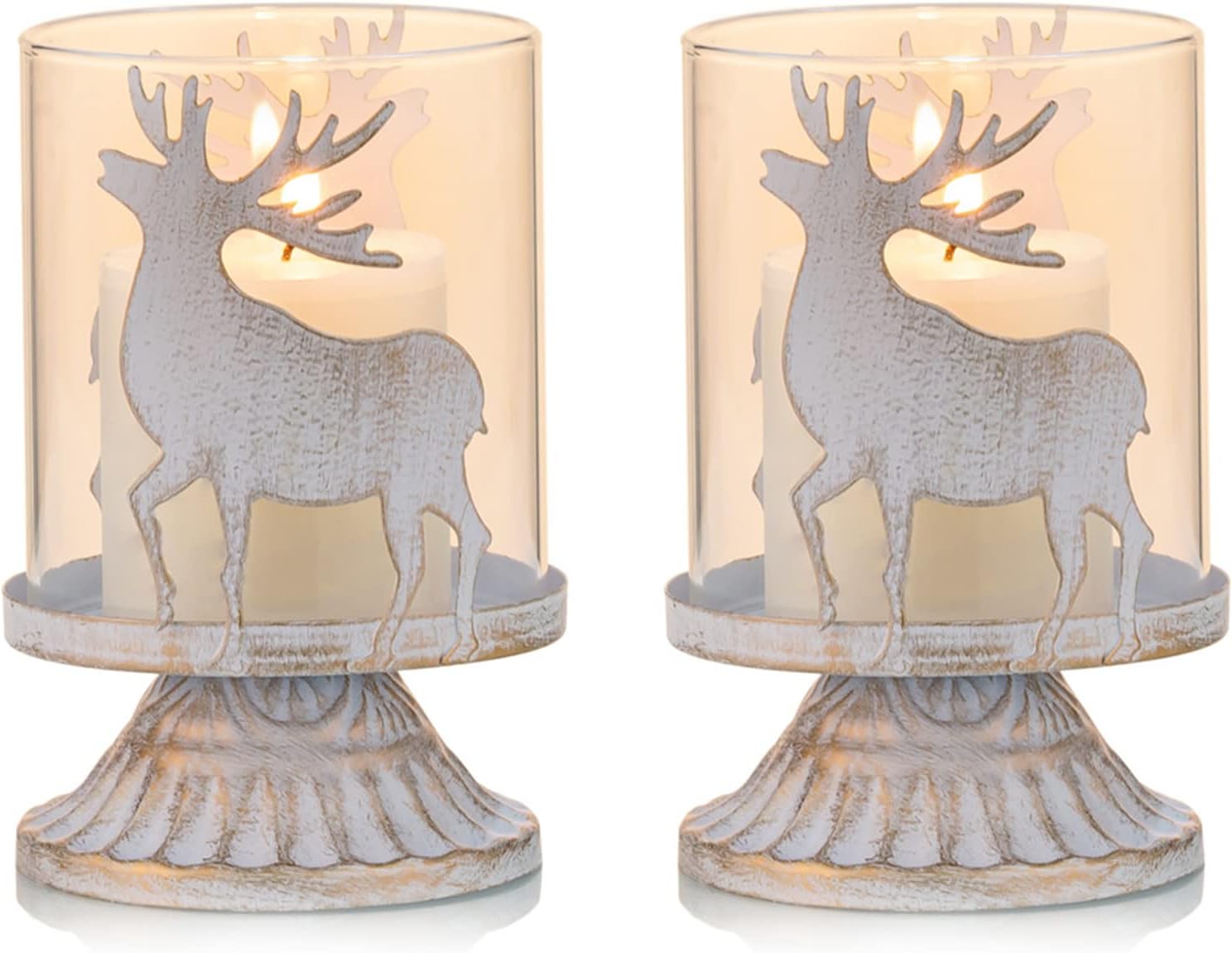 Sziqiqi Vintage Antique Metal Pillar Candle Holders Set of 2, Distressed Hurrica...
