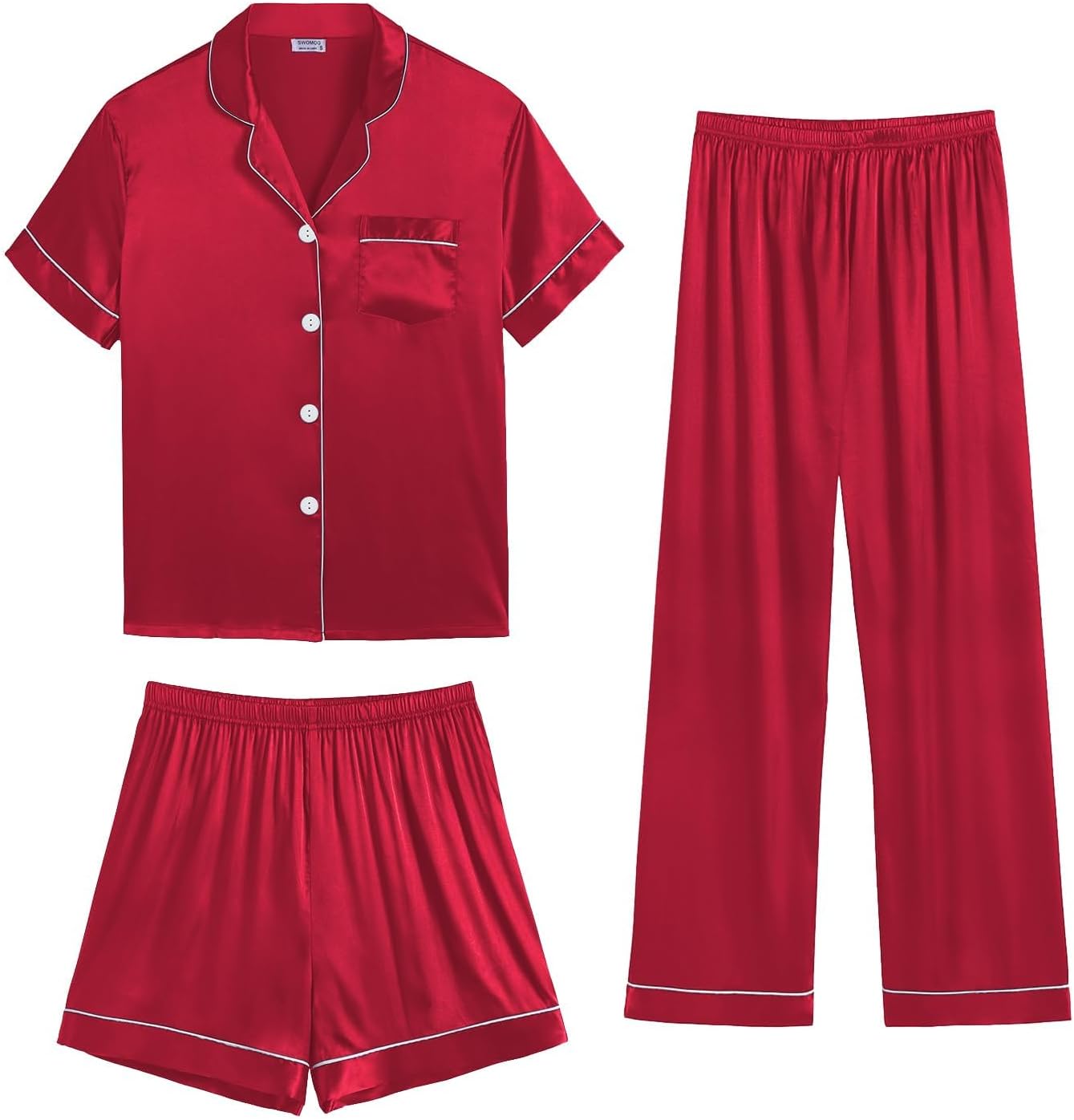 SWOMOG Womens Satin Pyjama Sets Ladies Silk Nightwear 3 Piece Short Sleeve Pj Se...