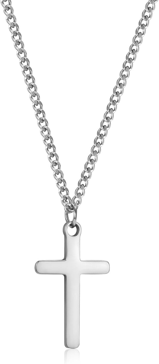 CERSLIMO Cross Necklace for Boys Girls, Stainless Steel Cross Chain Necklace wit...