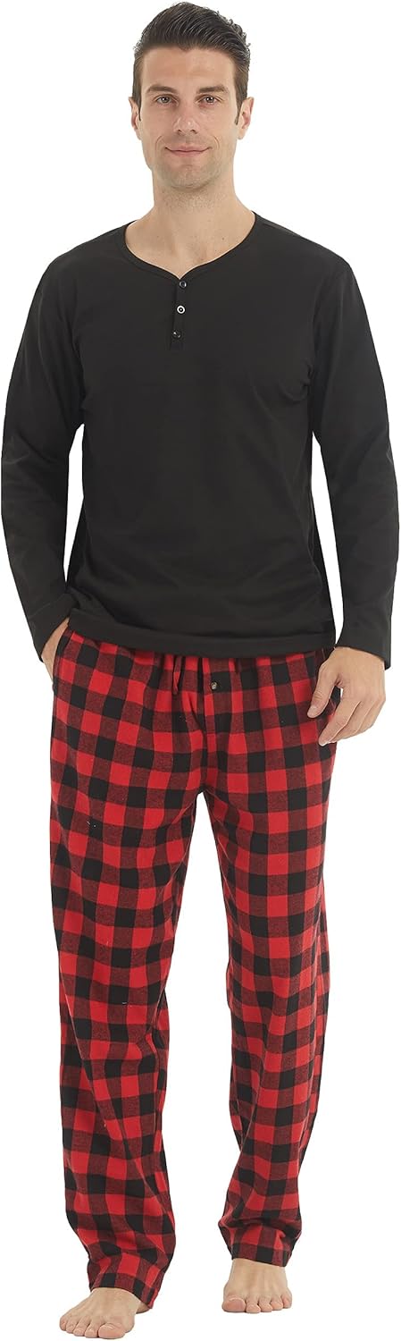 Mens Winter Pyjamas Sets Ultra Soft Henley Long Sleeve Top & Flannel Checked Bot...