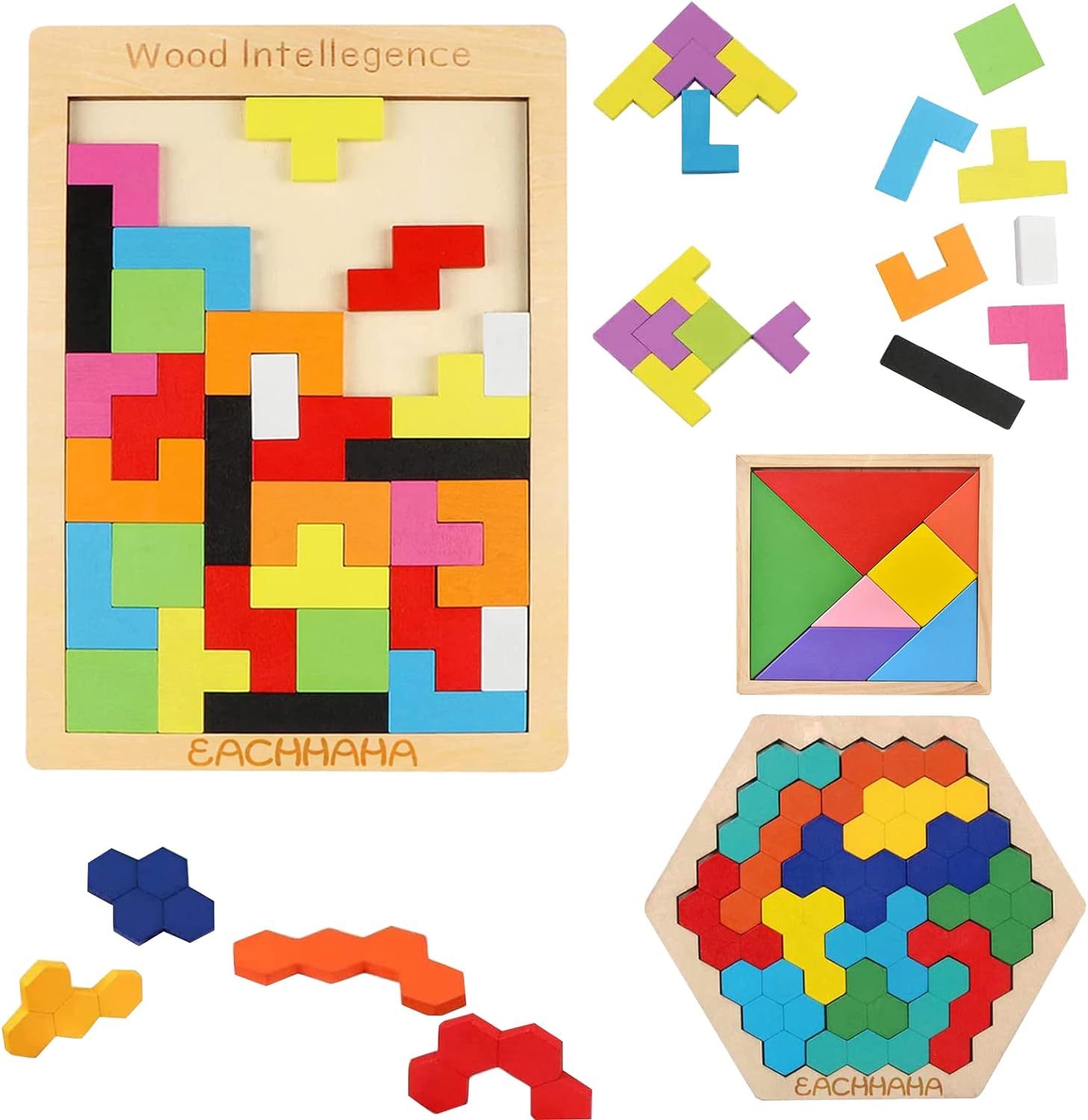 EACHHAHA 3 in 1 Wooden Intelligence Puzzles Set,Tangram puzzles,Bright colors, I...