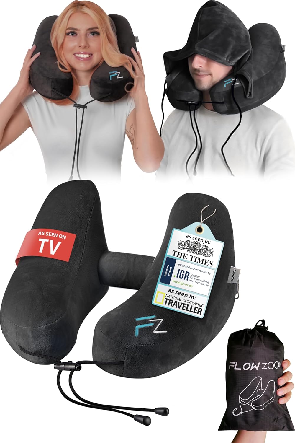 FLOWZOOM AIR Inflatable Travel Pillow for Airplane - Hooded Neck Pillow for Trav...