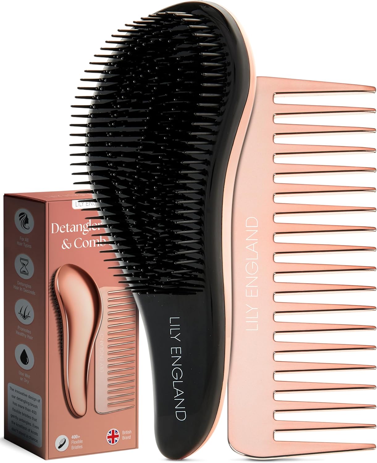 Lily England Detangle Hair Brush & Wide Tooth Comb Set - Lightweight Detangler f...
