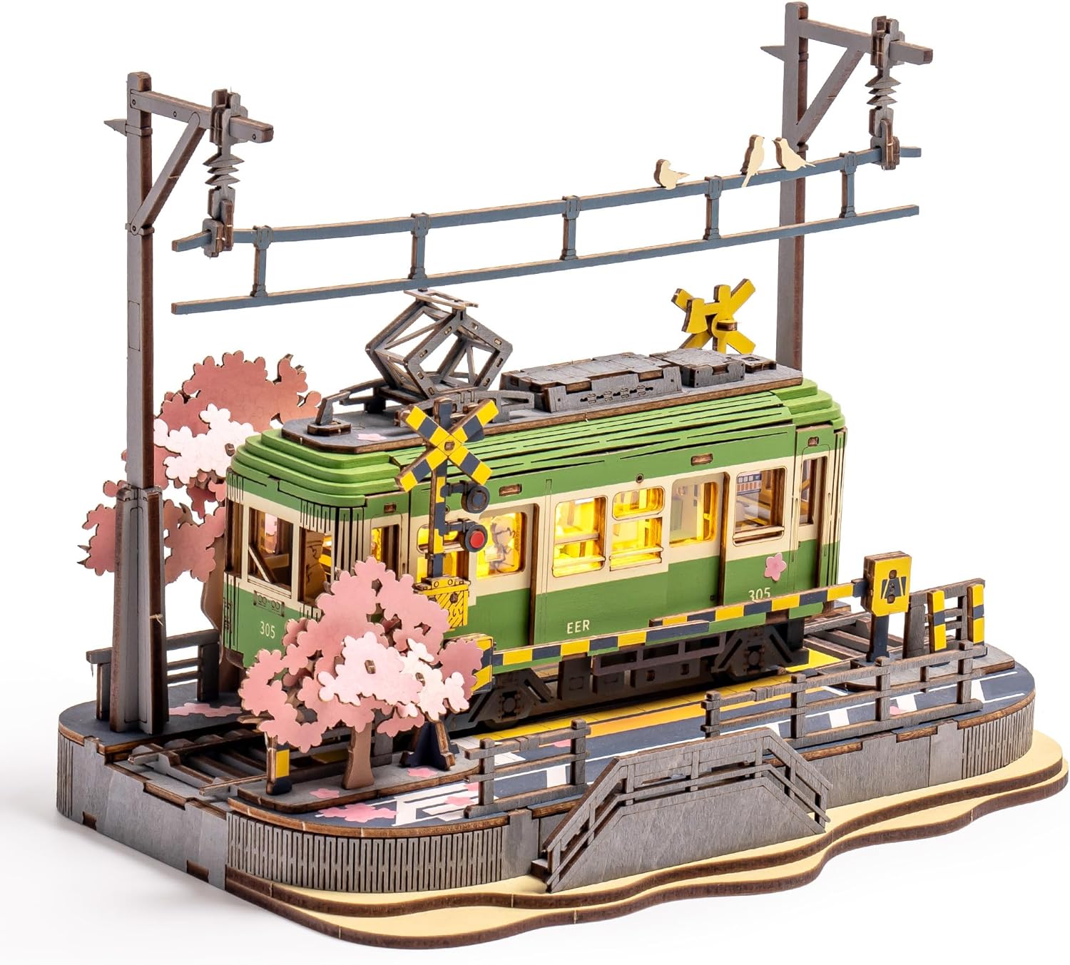 ROBOTIME Model Kits for Adults to Build Sakura Tram with LED Lights, 3D Wooden P...
