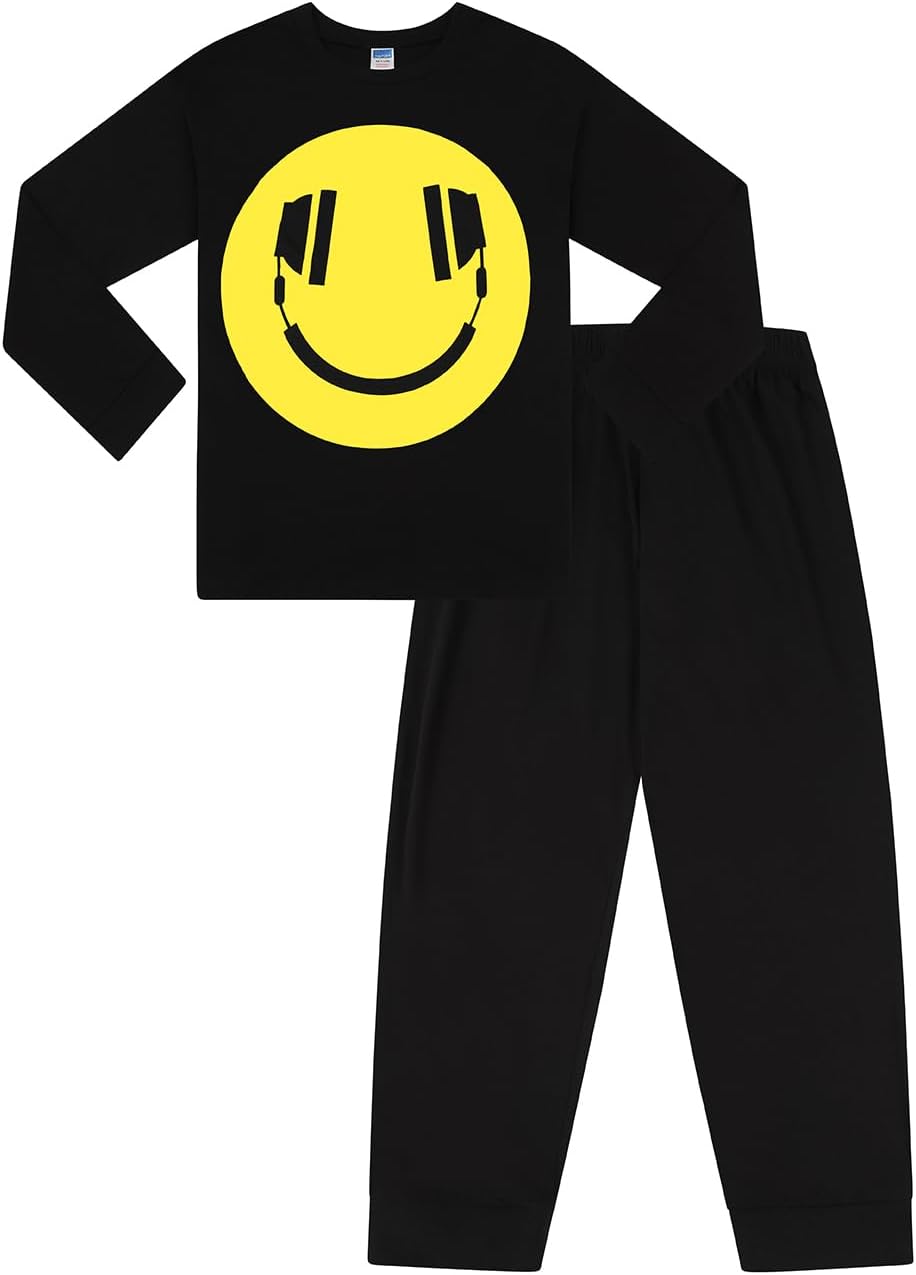 Boy's Happy Face Headphones Pyjamas Cotton Long Pyjamas 11-12 Years Black