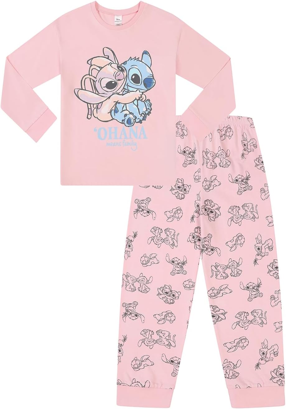 Disney Girls Lilo and Stitch Long Stitch and Angel Pink Pyjama Set Kids PJ's 9-1...