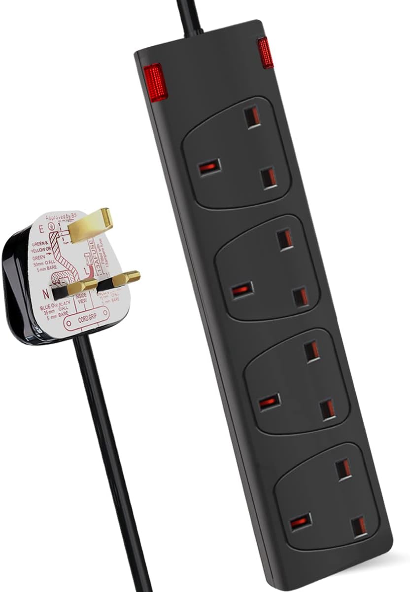 ExtraStar 4 Way Extension Lead 5M in Black, 13A Fused Power Strips 3120W UK Plug...
