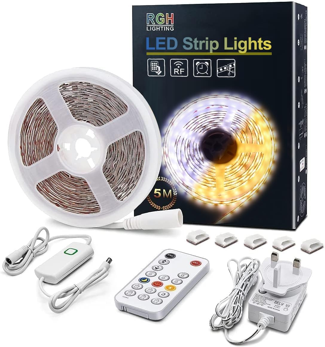 LED Strip Lights Warm White, 5m Dimmable LED Light Strip with RF Remote, 300 Bri...