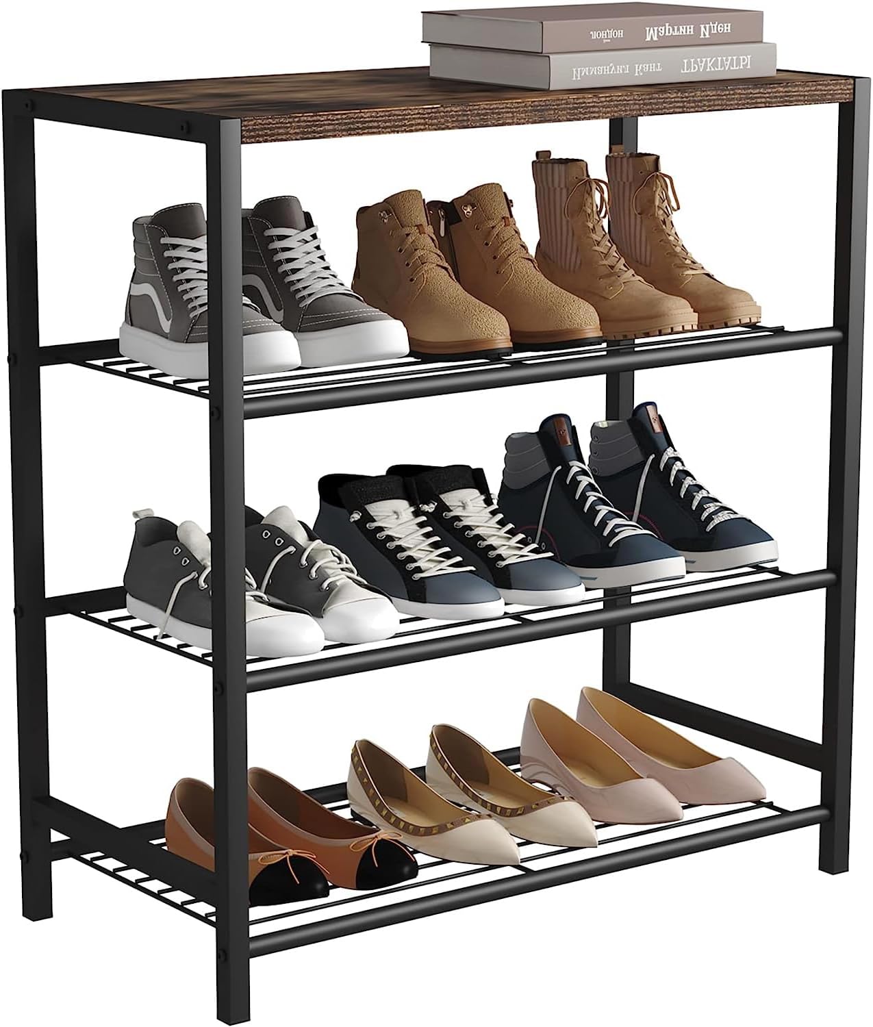 HOME BI 4-Tier Industrial Shoe Rack,Metal Shoe Storage Organizer Shelves with St...
